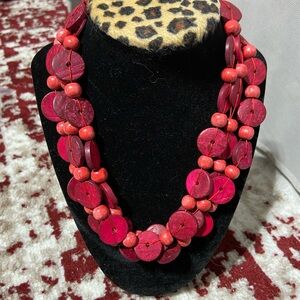 Red Wood Beaded Necklace. Can be worn in 3 different lengths.